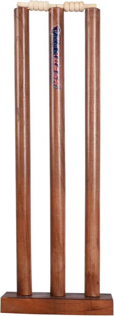 Wooden Cricket Wicket Stumps Multi-Surface Placement with Wood Base. 3 Wickets and 2 Bails