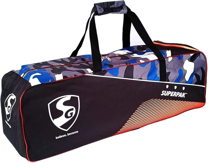 Sanspareils Greenlands SG Superpak Cricket Kit Bag for Youth and Boys Size Kit Bag (Black/Camo Blue/Orange)