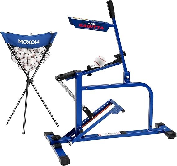 MOXOW Sagitta Manual Baseball & Softball Pitching Machine with Ball Caddy - Portable Ball Launcher for Batting and Fielding Practice, Ideal for All Skill Levels