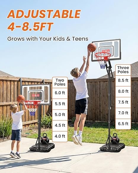 IGL Kids Basketball Hoop Outdoor | 4-8.5ft Adjustable Height | 33" Shatterproof Backboard | Fillable Base & Extra Anchor | Portable Goal w/Wheels for Backyard Driveway - Image 5