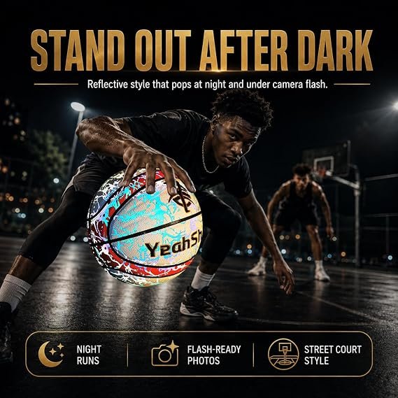 Glow in The Dark Basketball-Light up Ball Holographic Reflective and Cool Glow Basketball, Durable and Stylish for All Courts Complete Air Pump Kit,Holiday The Perfect - Image 3
