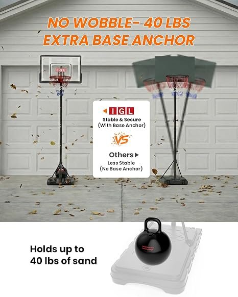 IGL Kids Basketball Hoop Outdoor | 4-8.5ft Adjustable Height | 33" Shatterproof Backboard | Fillable Base & Extra Anchor | Portable Goal w/Wheels for Backyard Driveway - Image 2