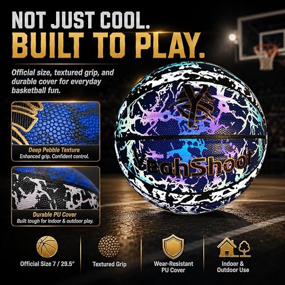 Glow in The Dark Basketball-Light up Ball Holographic Reflective and Cool Glow Basketball, Durable and Stylish for All Courts Complete Air Pump Kit,Holiday The Perfect - Image 7