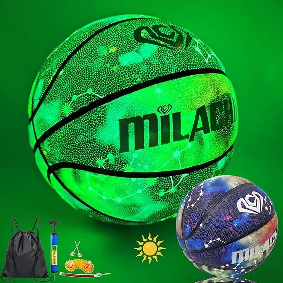 Basketball, Glow in The Dark Basketball, Glowing Leather Luminous Basketball Ball Gift for Youth, Men, Women, Indoor-Outdoor Night Game | Size 7(29.5") / 6(28.5") / 5 (27.5") with Pump