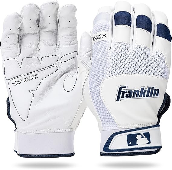 Franklin Sports MLB Baseball Batting Gloves - Shok-Sorb X Batting Gloves for Baseball + Softball - Adult + Youth Padded Non-Sting Batting Glove Pairs - Multiple Colors + Sizes